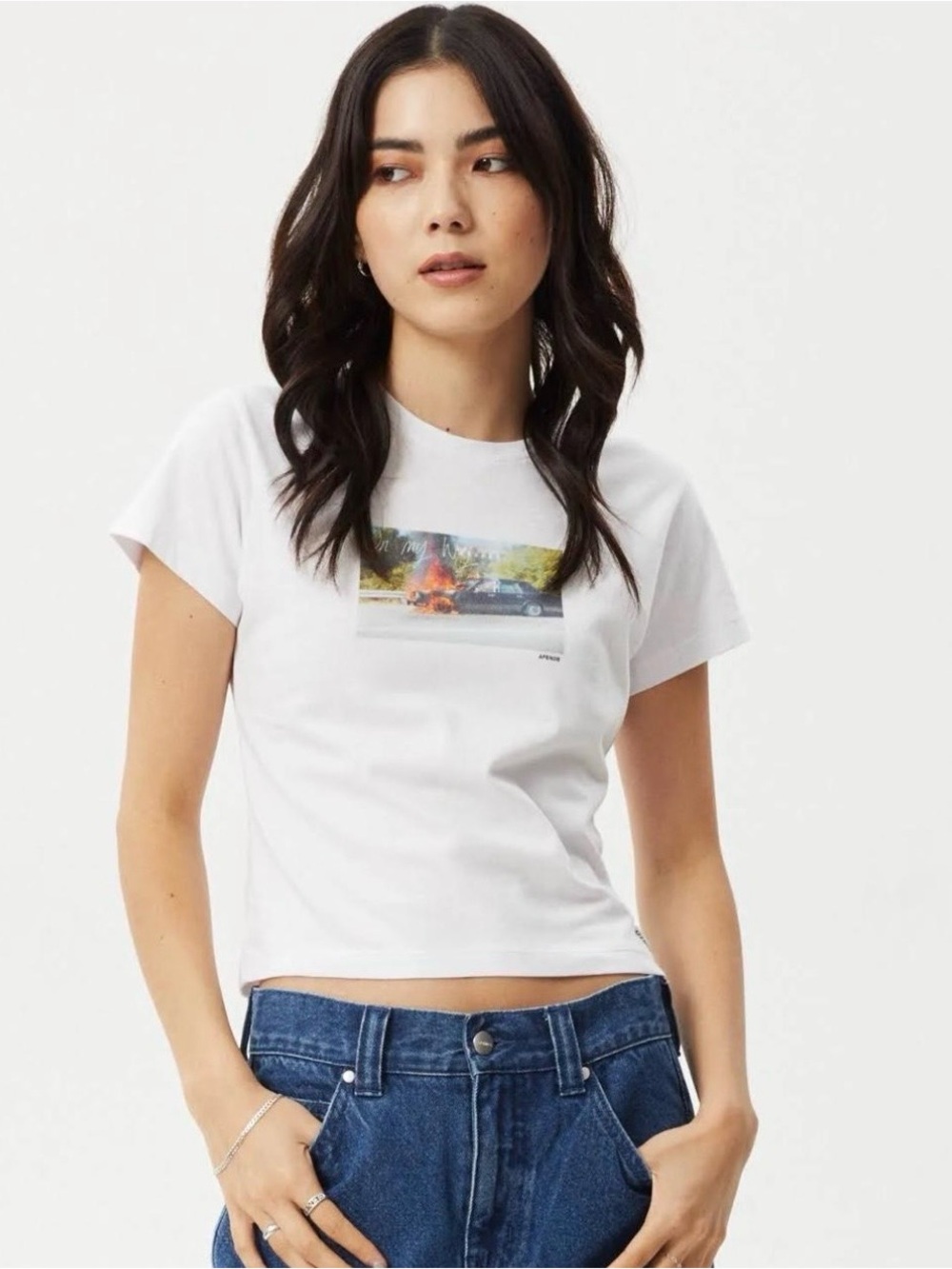 Afends White Graphic Crop Tee with Photo Print